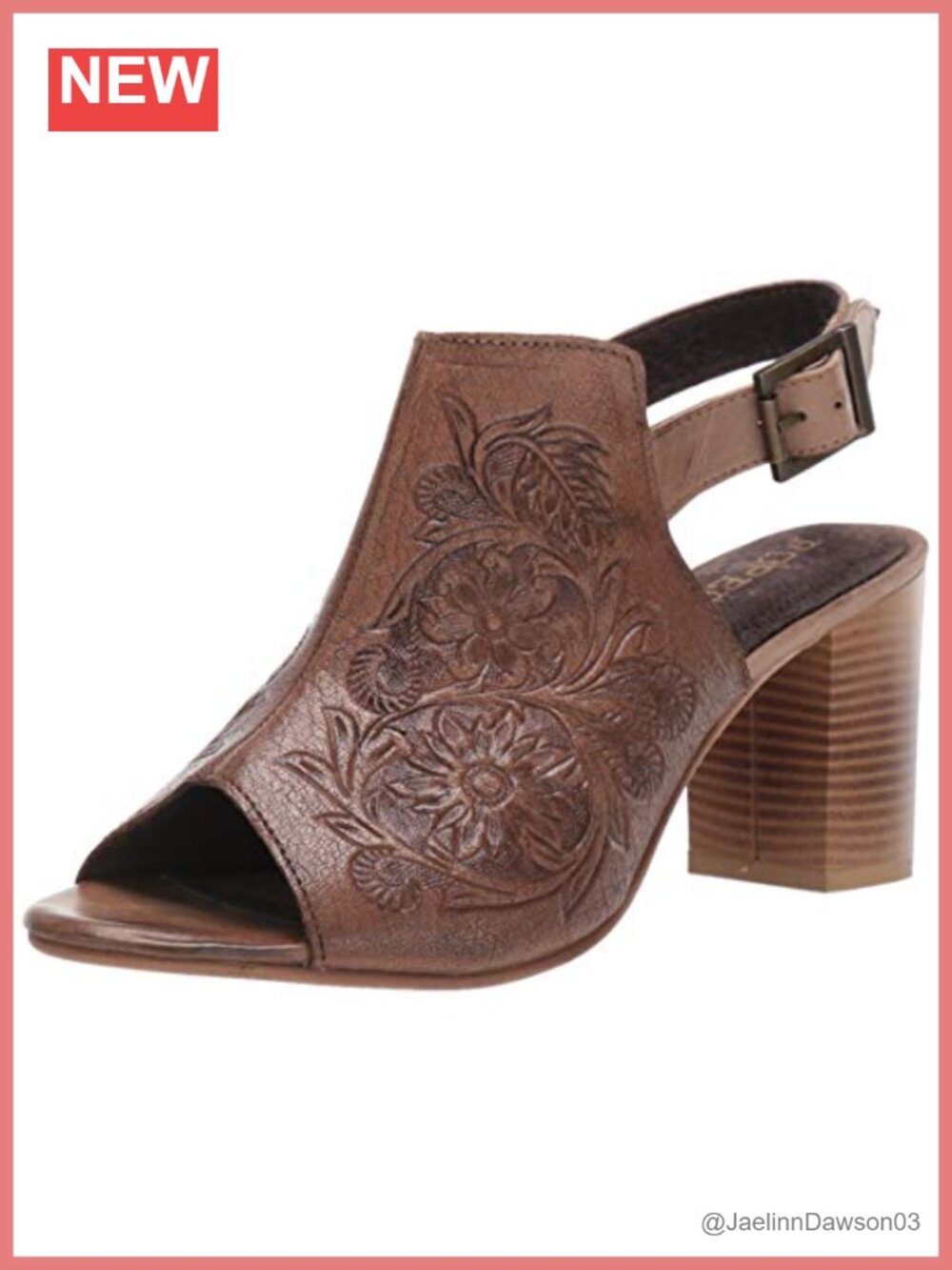 Women's Leather Floral Embossed Block Heeled Sandals Ankle Strap 3"